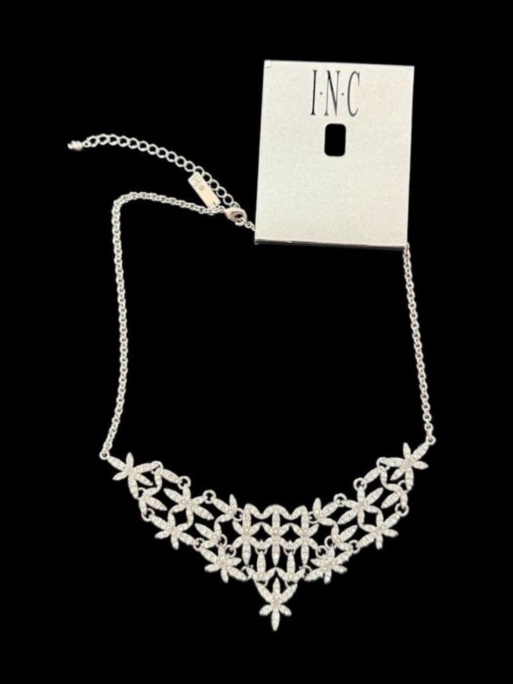 INC International Concepts Silver Rhinestone Crystal Statement Bib Necklace NWT